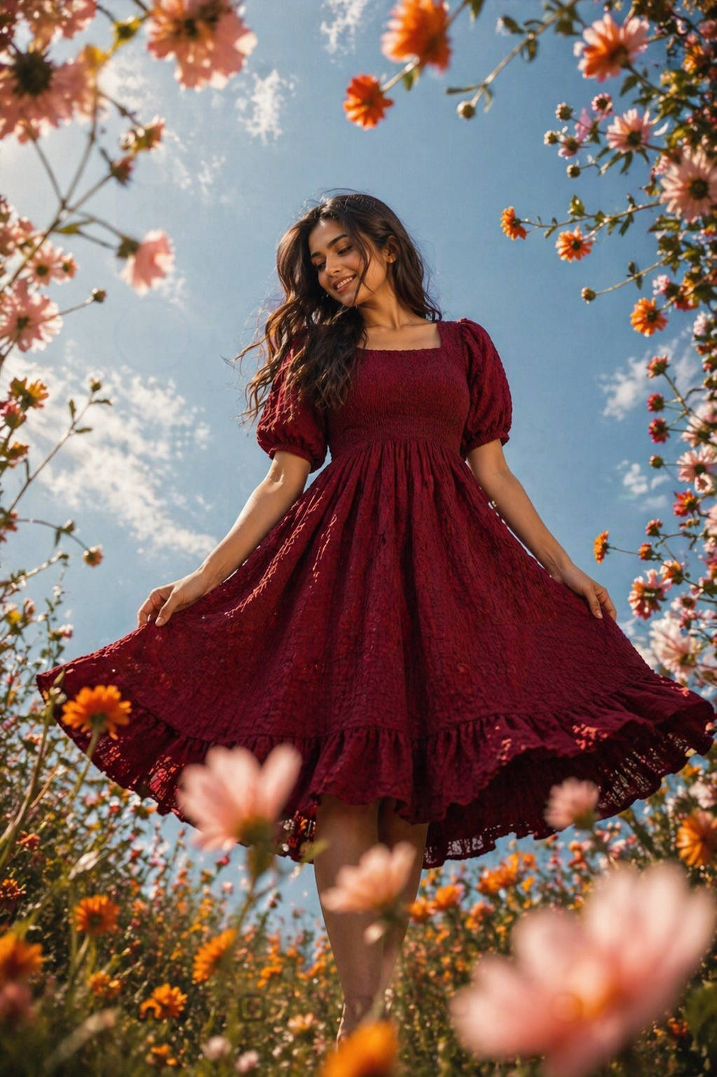 Women's Square Neck Puff Sleeve Fit & Flare Dress