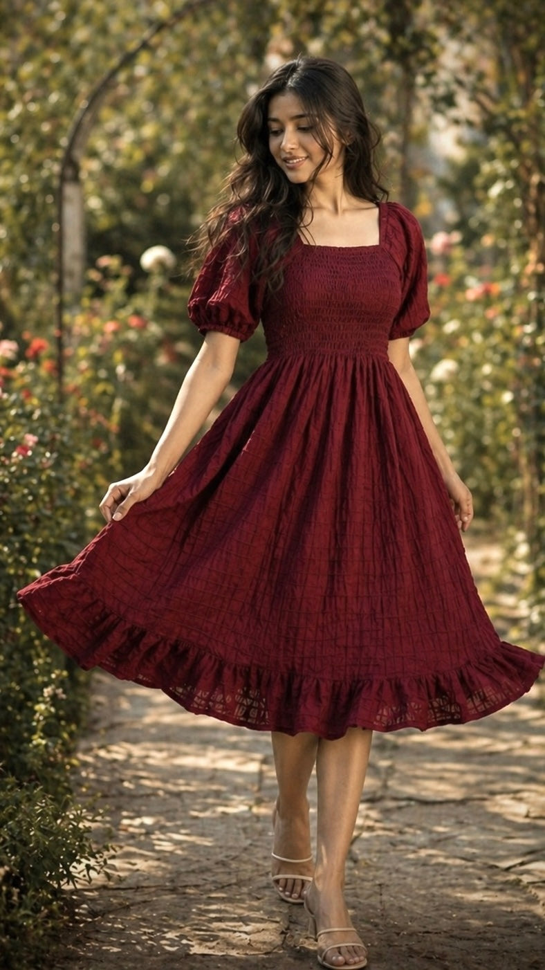 Women's Square Neck Puff Sleeve Fit & Flare Dress
