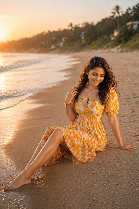 Women's Yellow Floral A-Line Georgette Dress
